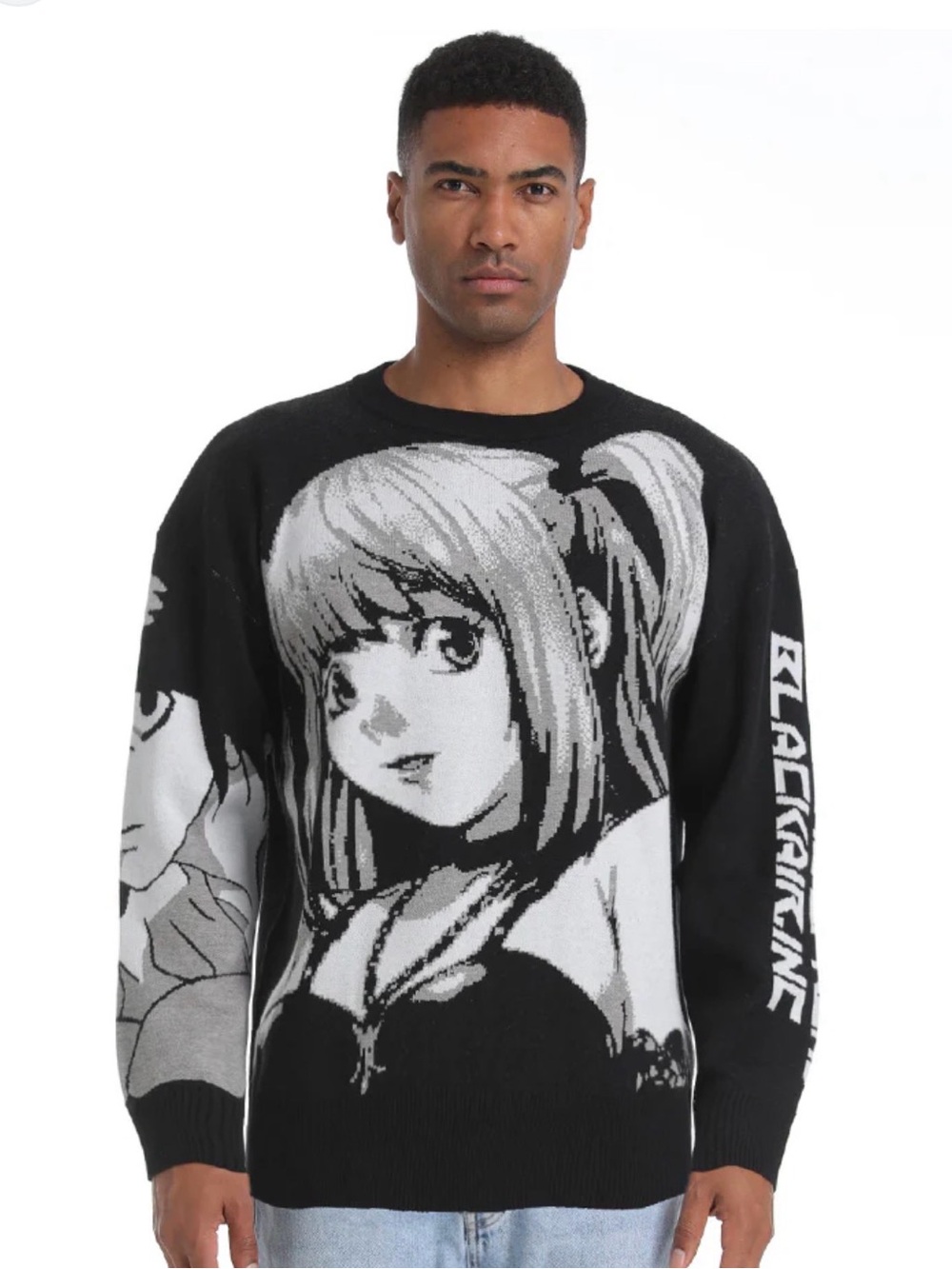 Black and White Anime Graphic Crewneck Sweater - Men's